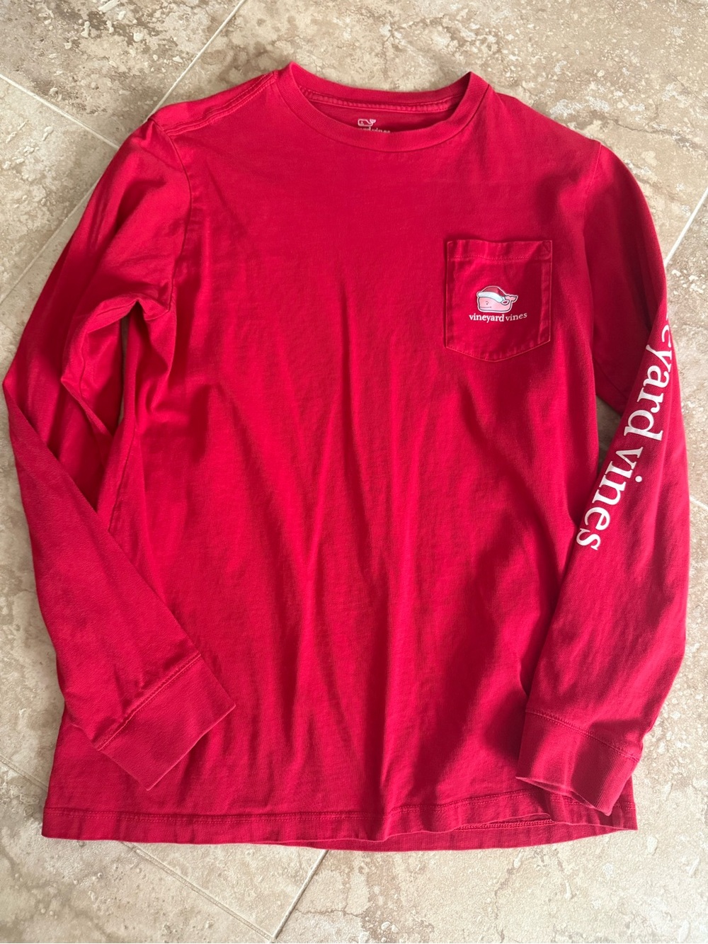 Vineyard Vines Bright Red Long-Sleeve Pocket Tee with Logo Sleeve kid Large